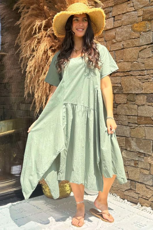 Made in Italy Tiggy Pure Cotton Smock Dress Soft Khaki -